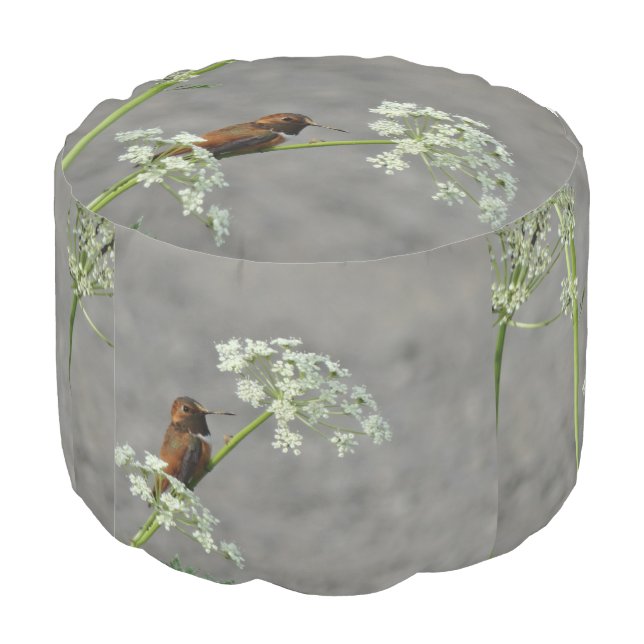 Hummingbird Queen Ann's Lace  grey background Pouf (Angled Back)