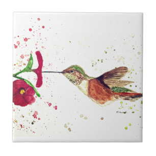 Hummingbird red flowers nature watercolor birds ceramic tile