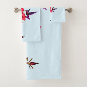 Hummingbird Red Flowers Sky Blue Background Bath Towel Set
