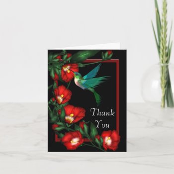 Hummingbird Red Hibiscus Black Thank You Card by decembermorning at Zazzle