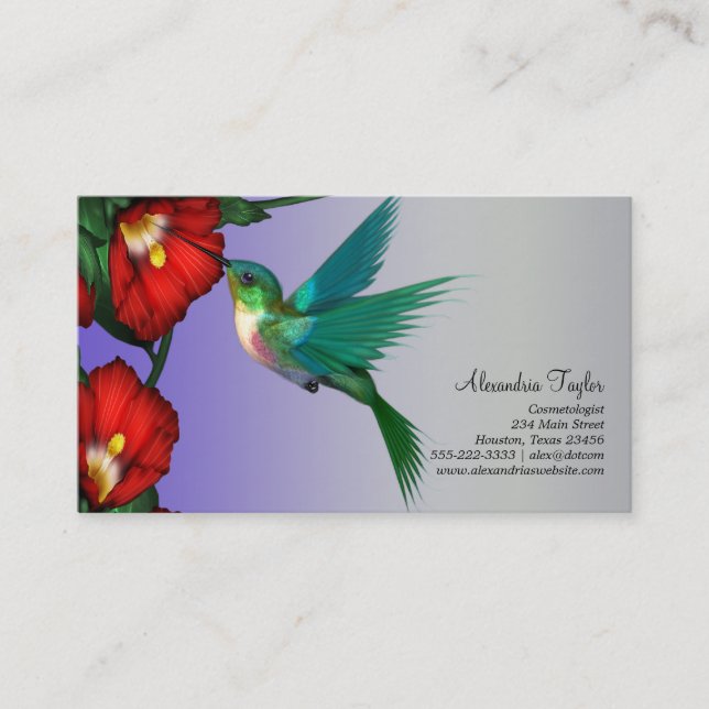 Hummingbird Red Hibiscus Teal Blue Purple Business Card (Front)