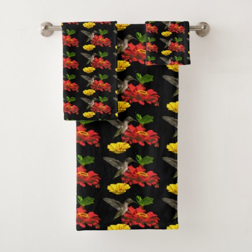 Hummingbird Red Yellow Flowers Pattern Bath Towels
