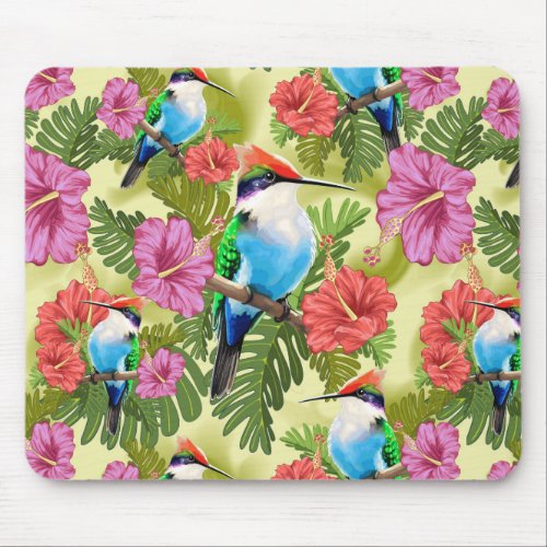 Hummingbird resting and Hibiscuses  Shot glass Mouse Pad