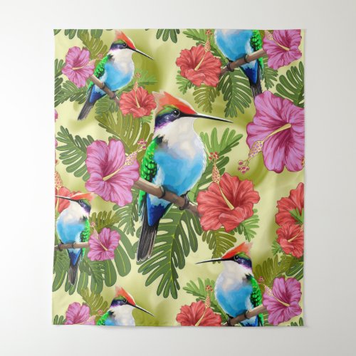 Hummingbird resting and Hibiscuses  Shot glass Tapestry