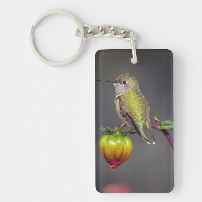 Hummingbird rests on flower bud keychain (Front)