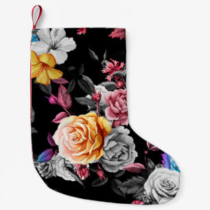 Hummingbird, roses: watercolor black background small christmas stocking