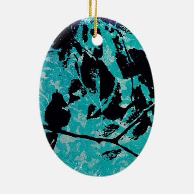 Hummingbird Silhouette on Blue Grunge Background Ceramic Ornament (Back)