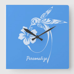 Hummingbird Simple & Elegant Blue & White Square Wall Clock