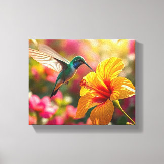 Hummingbird Sipping Nectar from Flower Canvas Print
