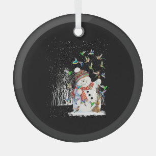 Hummingbird Snowman Merry Christmas Glass Ornament