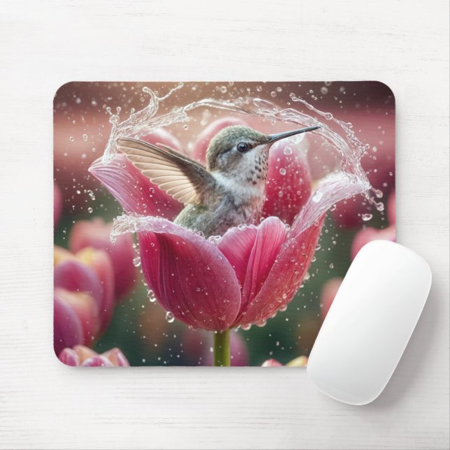 Hummingbird Splashing In a Tulip Mouse Pad (With Mouse)