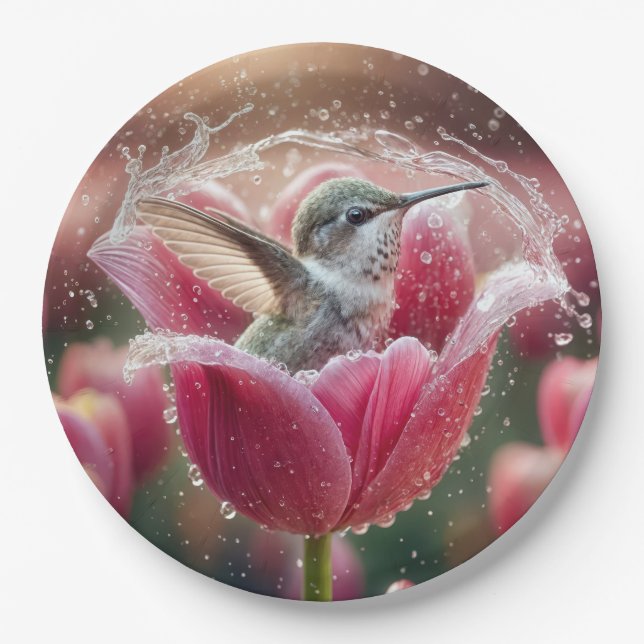 Hummingbird Splashing In a Tulip Paper Plates (Front)