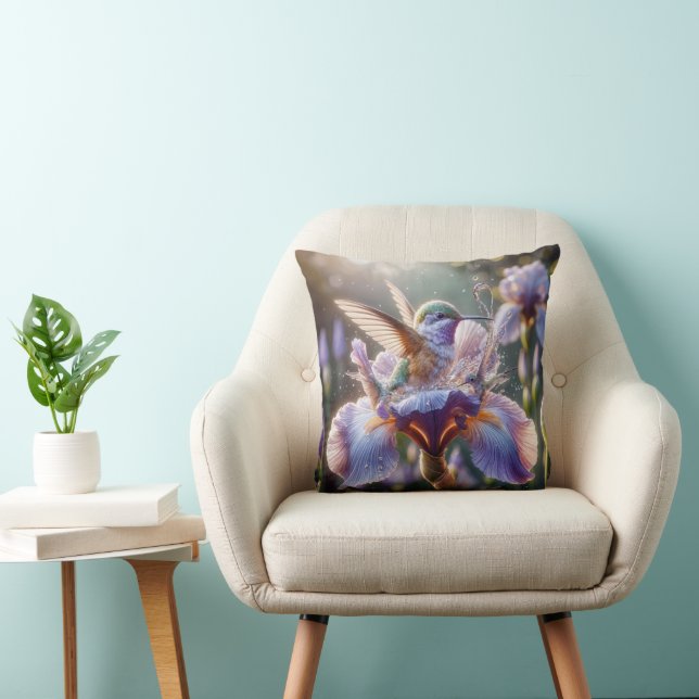 Hummingbird Splashing In An Iris  Throw Pillow (Chair)