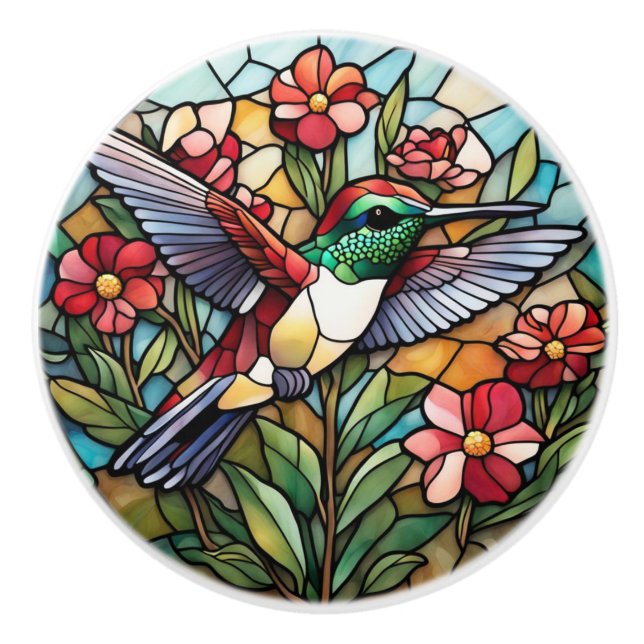 Hummingbird Stained Glass Bird Ceramic Knob (Front)
