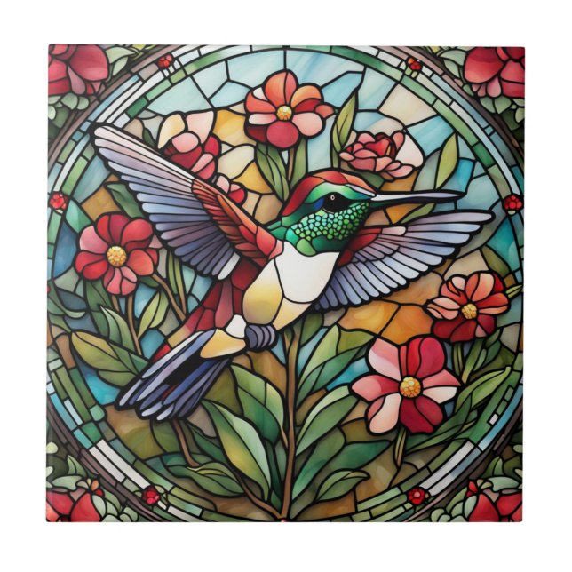 Hummingbird Stained Glass Bird Ceramic Tile (Front)