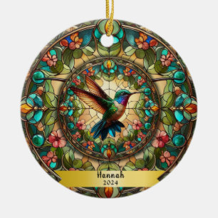Hummingbird Stained Glass Look Personalized  Ceramic Ornament
