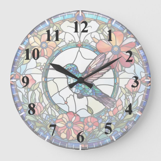 Hummingbird Stained Glass (with numbers) Bird Large Clock (Front)