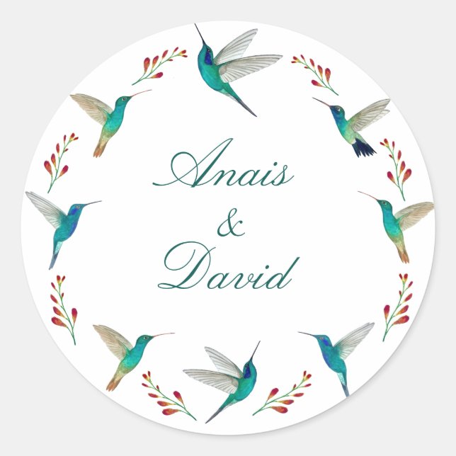 Hummingbird Summer Wedding Classic Round Sticker (Front)