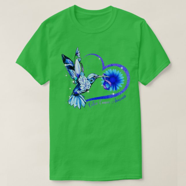 Hummingbird Sunflower Blue Ribbon Colon Cancer Awa T-Shirt (Design Front)