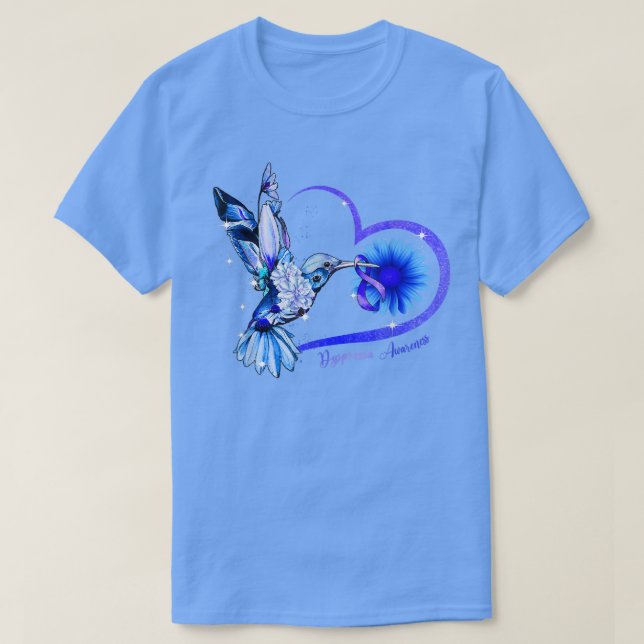 Hummingbird Sunflower Heart Blue Ribbon Dyspraia A T-Shirt (Design Front)