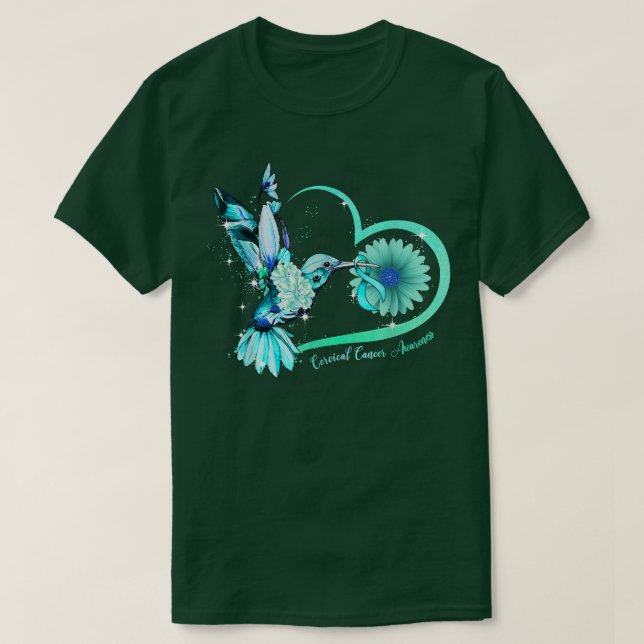Hummingbird Sunflower Heart Teal Ribbon Cervical C T-Shirt (Design Front)
