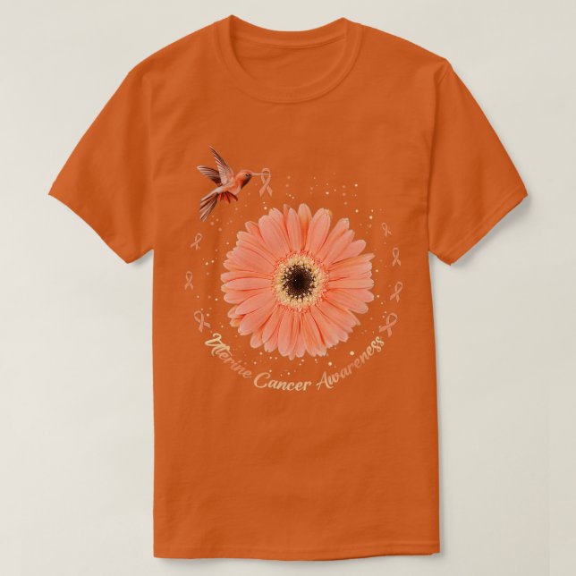 Hummingbird Sunflower Peach Ribbon Uterine Cancer  T-Shirt (Design Front)