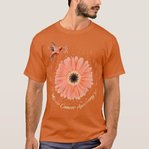 Hummingbird Sunflower Peach Ribbon Uterine Cancer  T_Shirt