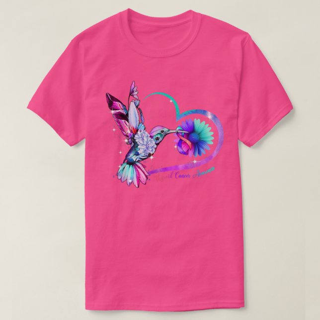 Hummingbird Sunflower Purple Pink Ribbon Thyroid C T-Shirt (Design Front)