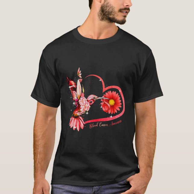 Hummingbird Sunflower Red Ribbon Blood Cancer Awar T-Shirt (Front)