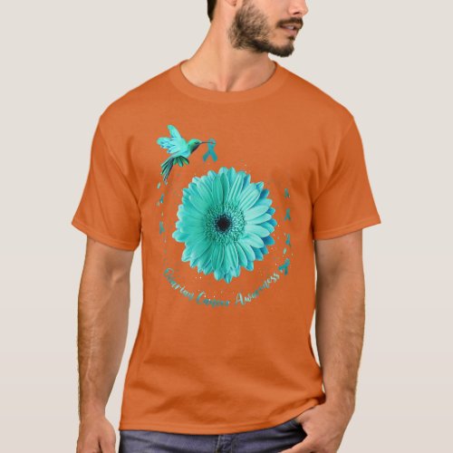 Hummingbird Sunflower Teal Ribbon Ovarian Cancer A T_Shirt