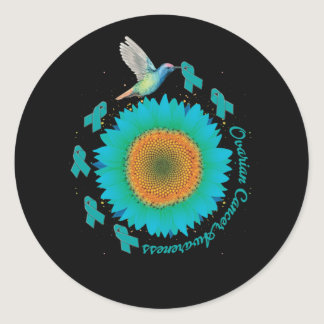 Hummingbird Sunflower Teal Ribbon Ovarian Cancer Classic Round Sticker