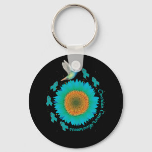 Hummingbird Sunflower Teal Ribbon Ovarian Cancer Keychain