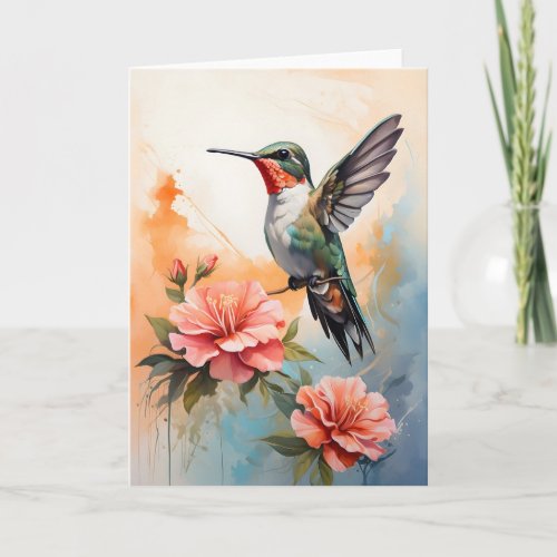 Hummingbird Surrounded by Beautiful Flowers Blank Card