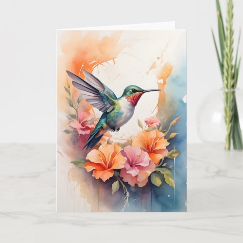 Hummingbird Surrounded by Colorful Flowers Blank Card