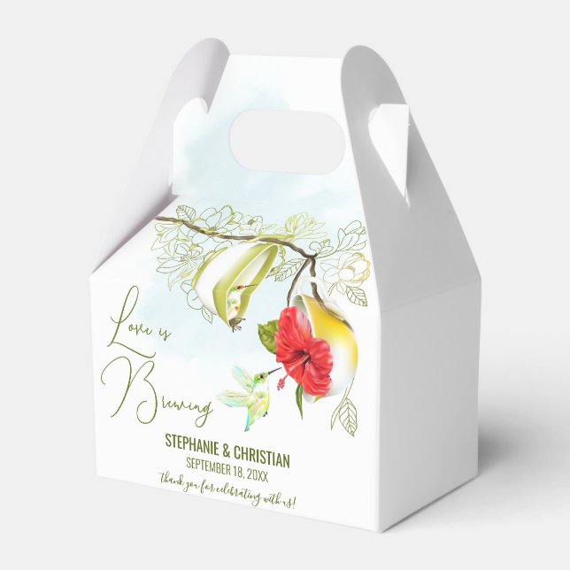 Hummingbird Tea Party Love Is Brewing Favor Boxes (Front Side)