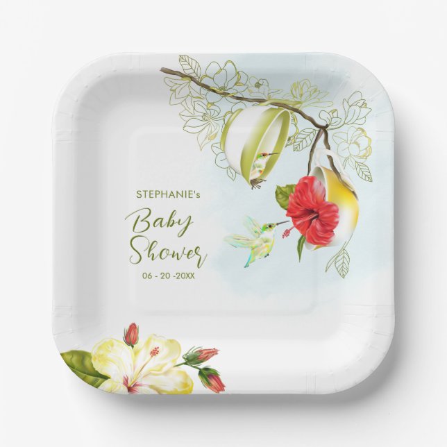 Hummingbird Teacup Floral Paper Plates (Front)