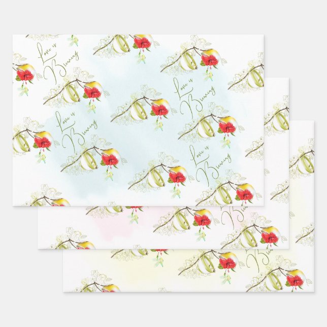 Hummingbird Teacup Floral Wrapping Paper Sheets (Set)