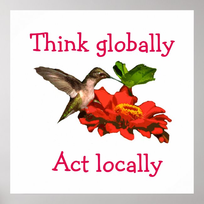 Hummingbird Think Globally Act Locally Red Poster