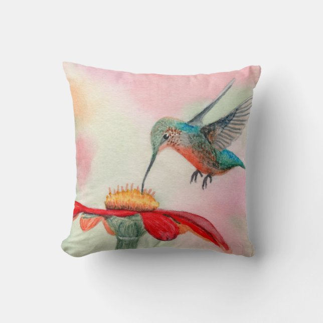 Hummingbird throw pillow watercolor art (Front)