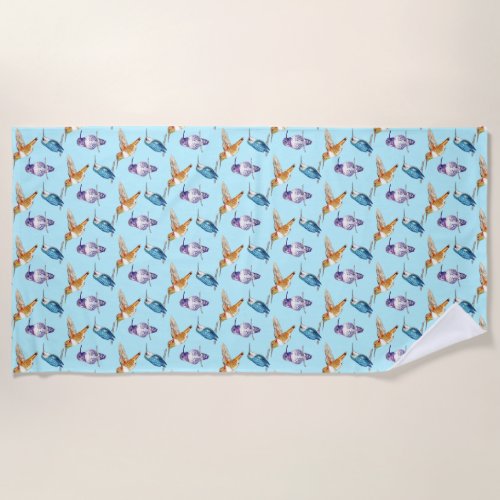 Hummingbird Trio with Aqua Background Beach Towel