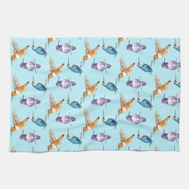 Hummingbird Trio with Aqua Background Kitchen Towel (Horizontal)