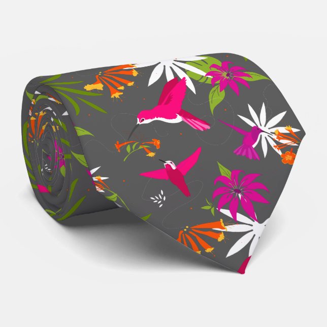Hummingbird Tropical Beach Wedding Pink Gray Neck Tie (Rolled)