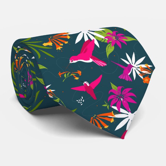 Hummingbird Tropical Flowers and Palms Wedding Neck Tie (Rolled)