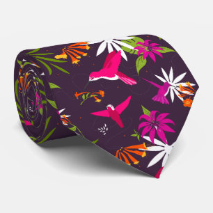 Hummingbird Tropical Flowers and Palms Wedding Neck Tie