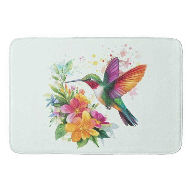Hummingbird Tropical Flowers Bath Mat (Front)