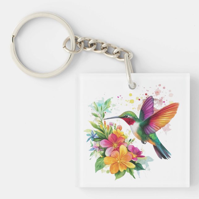 Hummingbird Tropical Flowers Keychain (Front)