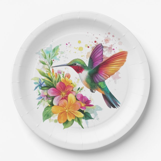 Hummingbird Tropical Flowers Paper Plates (Front)