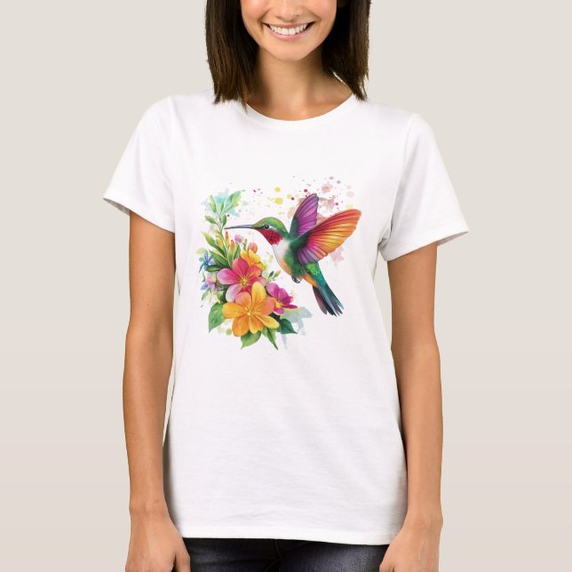 Hummingbird Tropical Flowers T-Shirt (Front)