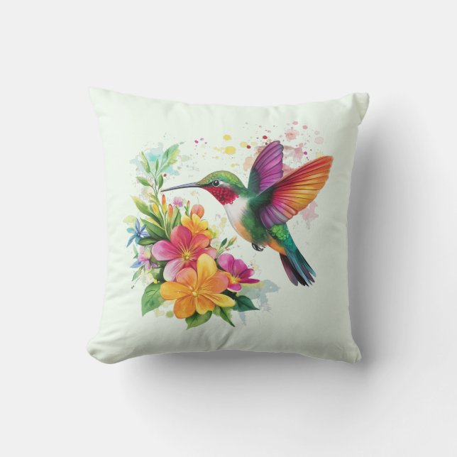 Hummingbird Tropical Flowers Throw Pillow (Front)