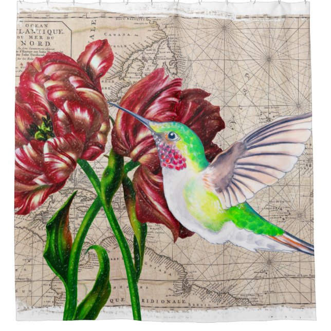 Hummingbird Tulips Map Shower Curtain (Front)